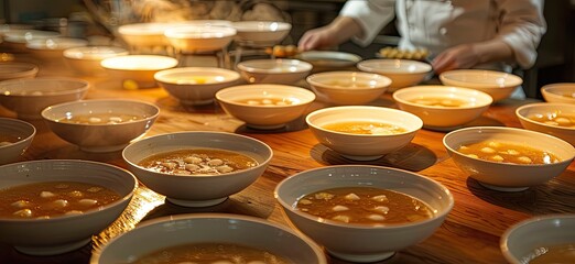 Wall Mural - Behind the scenes, a chef is busy preparing a variety of soup bowls, showcasing culinary mastery with each carefully crafted dish.