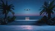 © Bettina - Podium for product exhibition in the natural setting of a night beach. A flying saucer illuminates the platform from above as if trying to abduct the product. The sea in the background