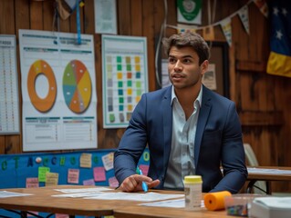 Sticker - A man in a suit is sitting at a desk in front of a wall of charts. He is looking at a chart and holding a pen. Scene is serious and focused