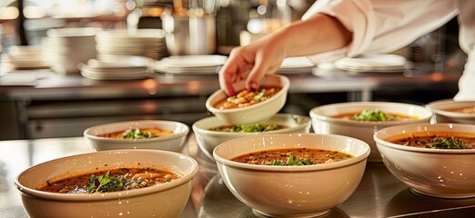 Wall Mural - Working efficiently, a chef orchestrates the creation of many bowls of soup, promising a delightful dining experience for patrons.