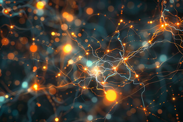 A computer generated image of a network of orange and blue lines