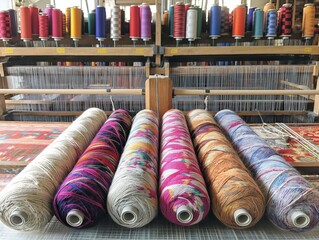 Wall Mural - A row of colorful yarns are displayed in a shop. The colors are bright and cheerful, creating a sense of warmth and happiness. The shop is likely a yarn store or a craft shop