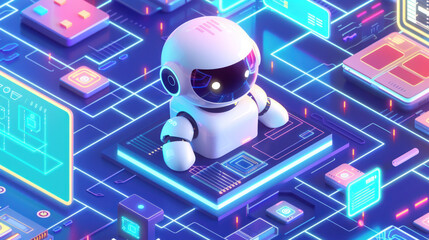 Wall Mural - Robot blue background. Isometric. Futuristic ai technology power artificial intelligence. Innovation in computer science and electronic communication. Smart machine in network future tech.