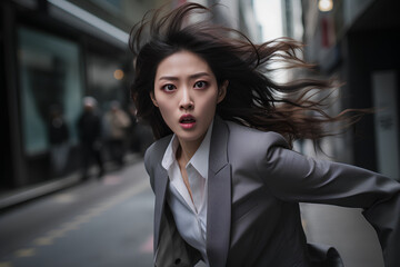 a girl feeling anxious running, wearing a suit in a smart casual style, running on the street, asian girl