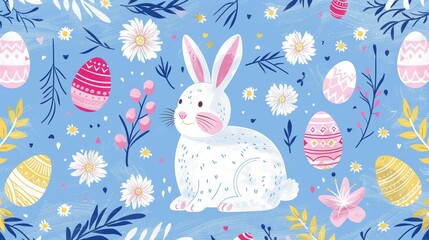 Poster - Background easter egg spring bunny happy rabbit flower seamless cute. 