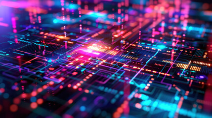 Abstract technology background with circuit board. Of futuristic processor, integrated microchip for ai device, binary code in cyberspace, and network connection.