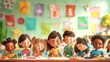 © Natalia - A diverse group of children smiling and engaging in arts and crafts in a colorful classroom setting