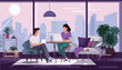 © PNG - Working at home vector illustration. Cartoon young woman and man sitting at table and working on laptop. Freelance business concept
