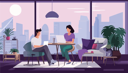 Wall Mural - working at home vector illustration. cartoon young woman and man sitting at table and working on lap
