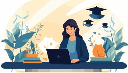 Wall Mural - online education concept. young woman studying at home using laptop. flat vector illustration.