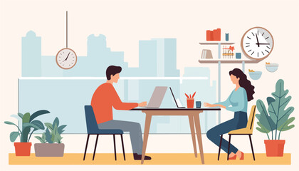 Wall Mural - man and woman working on laptop in office. flat design vector illustration.