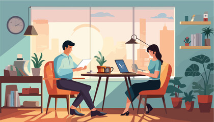Wall Mural - businessman and businesswoman working together in office vector illustration. teamwork, cooperation,