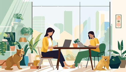 Wall Mural - woman working on laptop at home office. girl sitting at table with computer, dog and plant. vector i