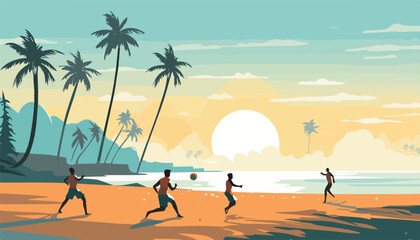 Wall Mural - People playing basketball on the beach. Vector illustration of people playing basketball on the beach.