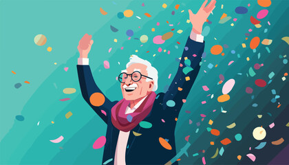 Elderly man with glasses celebrating with confetti. Vector illustration in flat style