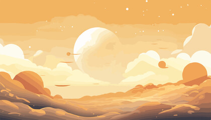 Wall Mural - Cartoon landscape with sun and moon in the sky. Vector illustration