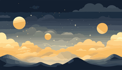 Wall Mural - Night sky with moon and stars. Vector illustration in flat cartoon style.