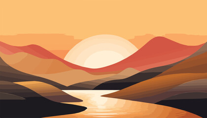 Wall Mural - Sunset over the lake. Vector illustration in flat cartoon style.