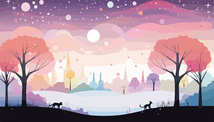 Vector illustration of winter landscape with forest and animals silhouettes in flat style.