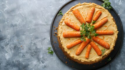 Wall Mural - Fresh Carrot Cake with Raw Carrots, Whole Eggs, and Fresh Greens on Slate Platter with Gray Textured Background