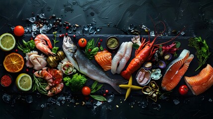 Wall Mural - Gourmet Seafood Spread with Fresh Fish, Lobster, Shrimp, Assorted Vegetables, Citrus Fruits, Ice on Dark Slate Board