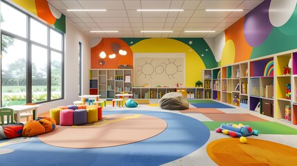 Bright and cheerful preschool playroom featuring colorful murals, various educational toys, comfortable seating