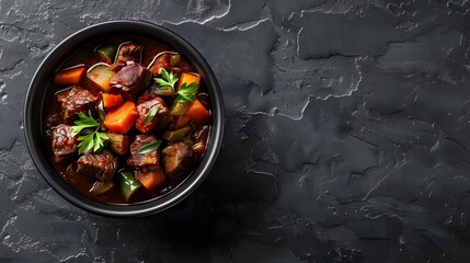 Wall Mural - Gourmet Beef Stew, Hearty Beef Stew with Carrots and Potatoes in Black Bowl on Dark Background, copy space for mockup template banner