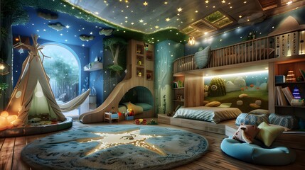 Wall Mural - Enchanted childrens bedroom with teepee, starry ceiling lights, loft bed, slide, playful decor creating magical, immersive environment