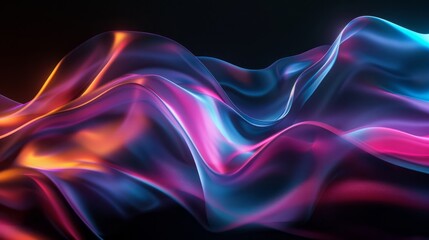 Wall Mural - Abstract fluid 3D render with a black background and holographic, iridescent neon curved wave in motion