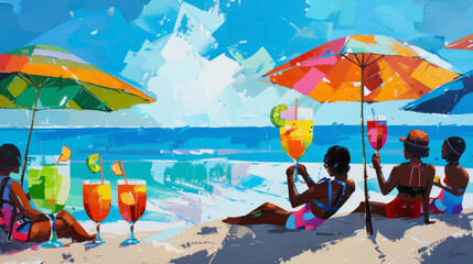 Wall Mural - A vibrant and colorful beach scene featuring people relaxing under umbrellas with cocktails, enjoying a sunny day by the ocean. Colorful Beach Scene with Umbrellas and Cocktails

