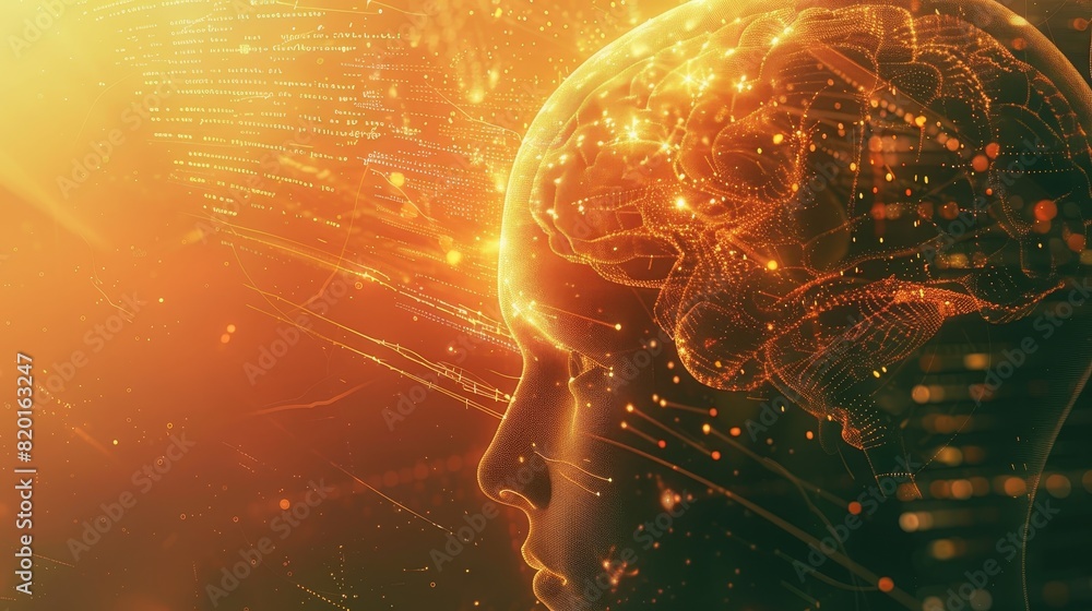 Abstract futuristic depiction of human brain interfaced with digital ...