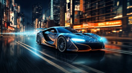 Wall Mural - a modern high speed car rushes down the street of a night city, engulfed in flames or plasma, street lights, road, blurred motion