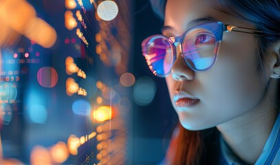 A woman wearing glasses is looking at a computer screen with some glowing data written on it. The concept of focus in work. A programmer is studying the code. Illustration for varied design.