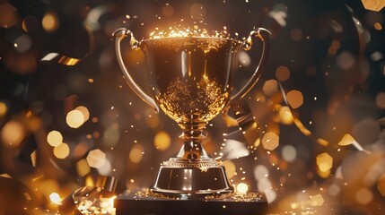 An exquisite golden trophy cup surrounded by a shimmering shower of confetti illustrating a celebration of victory or success