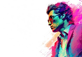 The head of a handsome man in a suit and sunglasses. Fashionable image of a male model with a stylish hairstyle in a watercolor style. Avatar for social networks. Illustration for cover, etc.