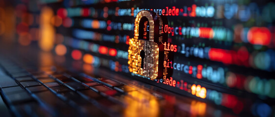 A closeup of a digital padlock icon on a computer screen, symbolizing online privacy protection, with blurred code in the background signifying encryption