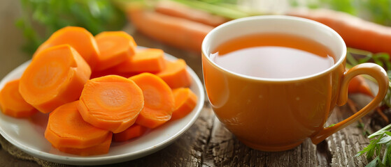 Wall Mural - A plate of sliced carrots and a cup of tea sit on a wooden table