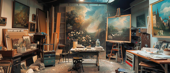 A studio with a large painting of a field of flowers