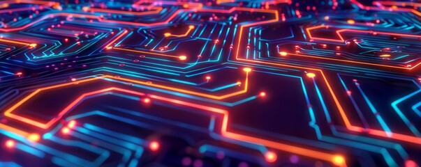 Neon futuristic technology background, Electronics computer board abstract background. Generative AI illustration