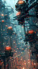 Wall Mural - A futuristic cityscape with many robots and wires