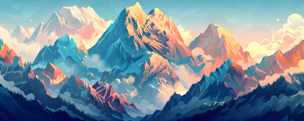 sunrise in mountains. colored mountain range illustration. blue and orange mountain silhouette.
