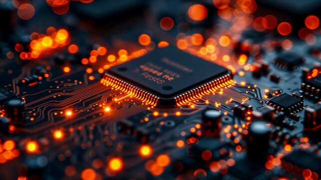 closeup computer chip printed circuit board creating soft blurred background
