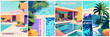 © Creative_Juice_Art - Set of summer posters in retro style with a pool, colorful buildings, palm trees. Summer time, vacation digital prints, cover template. Vector illustration.