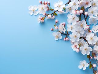 Wall Mural - Blossoming beauty: cherry stems and flowers on blue backdrop