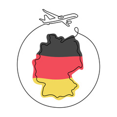 Wall Mural - Travel Germany one line vector illustration. Map of Germany and airplane drawing.