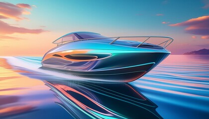 Wall Mural -  A modern motorboat speeding through calm, clear waters with a sleek design and smooth wake