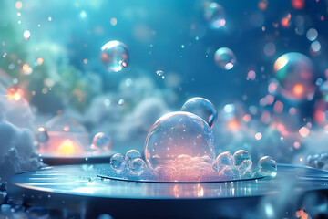 Soap bubbles with colorful bokeh background. 3D rendering