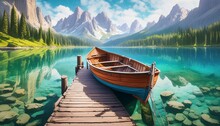A Weathered Rowboat Tied To A Wooden Dock, Surrounded By Calm Lake Waters And Gentle Ripples