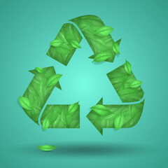 Recycle symbol made from green leaves. Recycling sign.