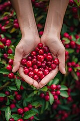 Wall Mural - Harvest in the hands of a woman in the garden. Selective focus.